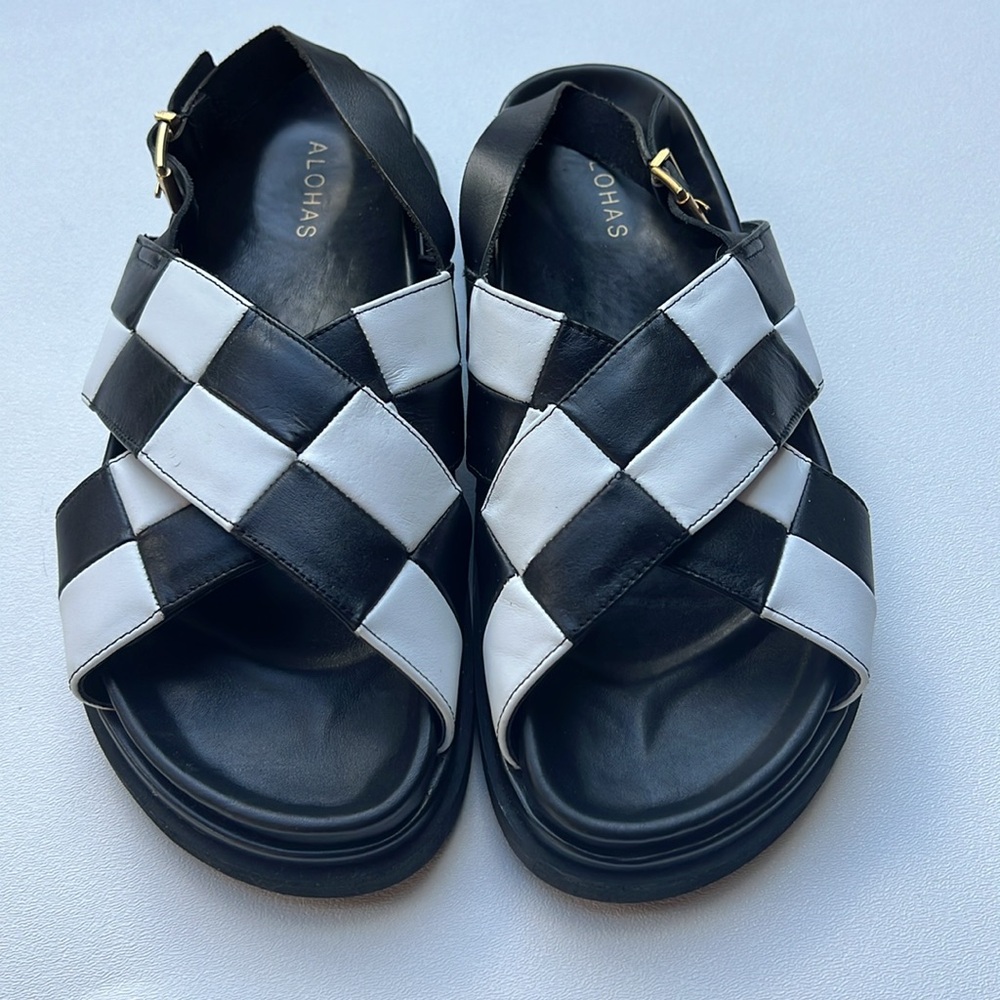 Alohas sandals strappy black criss cross marshmallow chunky leather weaving fun - Picture 4 of 8